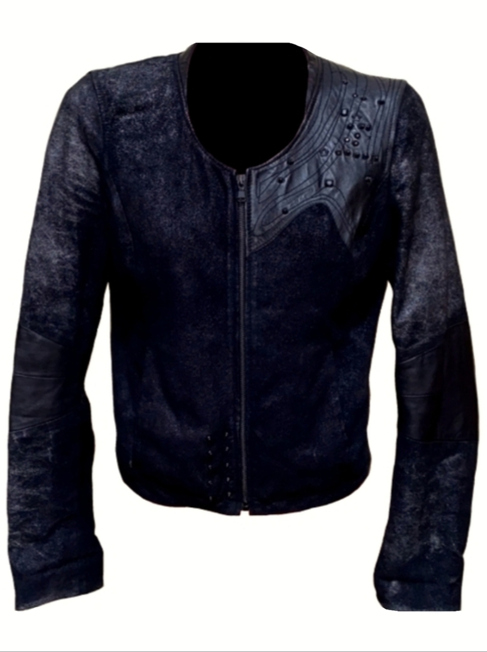 Y2K Diesel Black Studded Cropped Jacket Metallic Suede Leather Zip 90s Vintage S